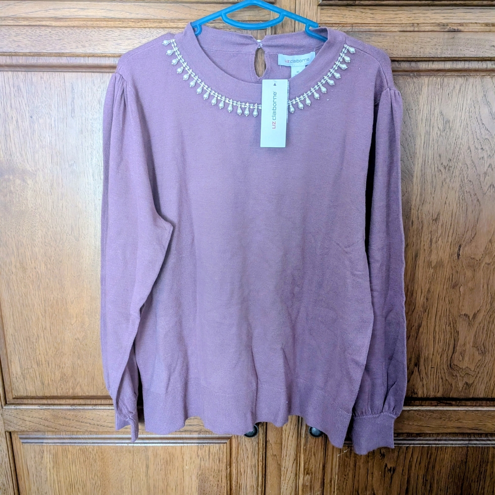 Liz Claiborne Mauve Long Sleeve Sweater with Neckline Embellishment